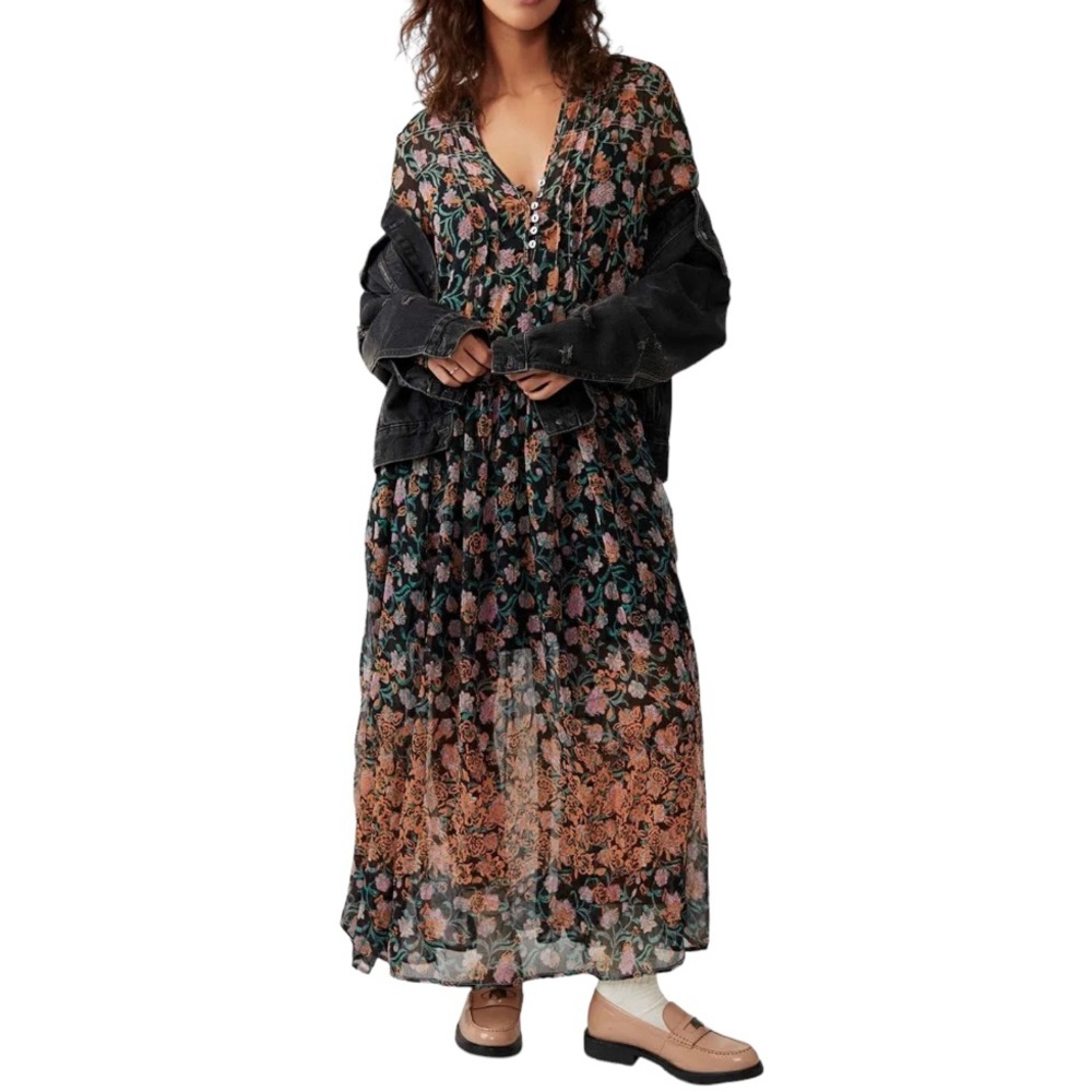 Free People Floral Maxi Dress - Black and Orange